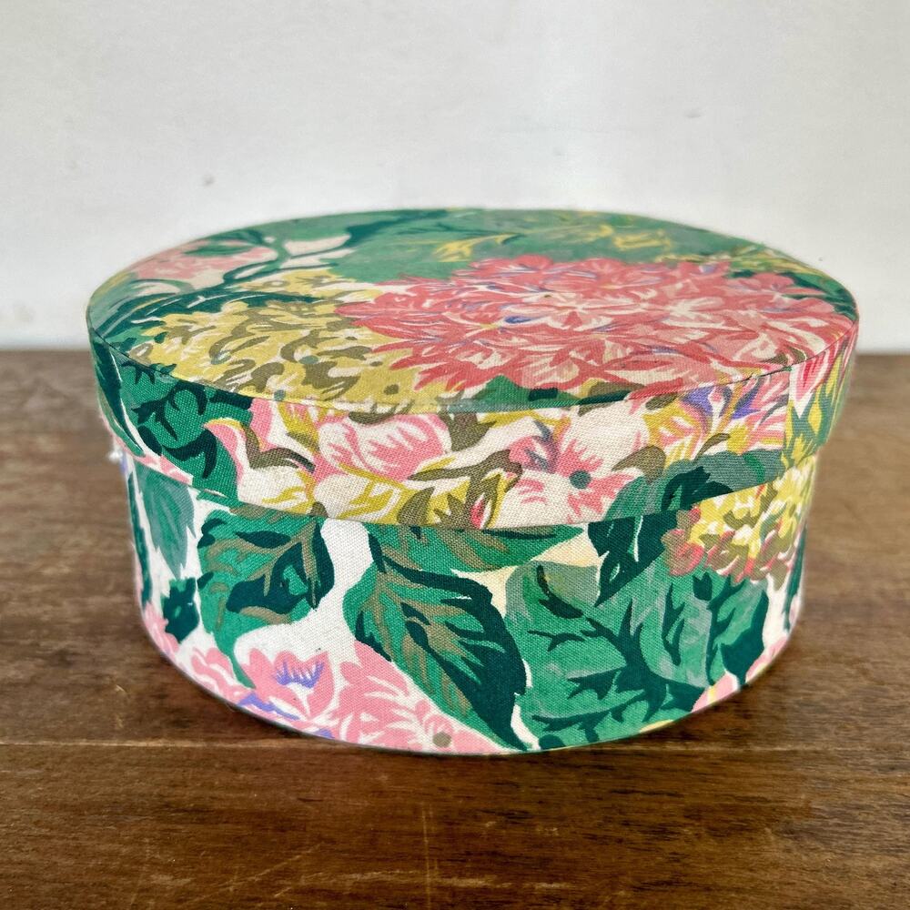 Vintage Floral Fabric Round Box | Hydrangea Trinket Storage | Bookcase Decor